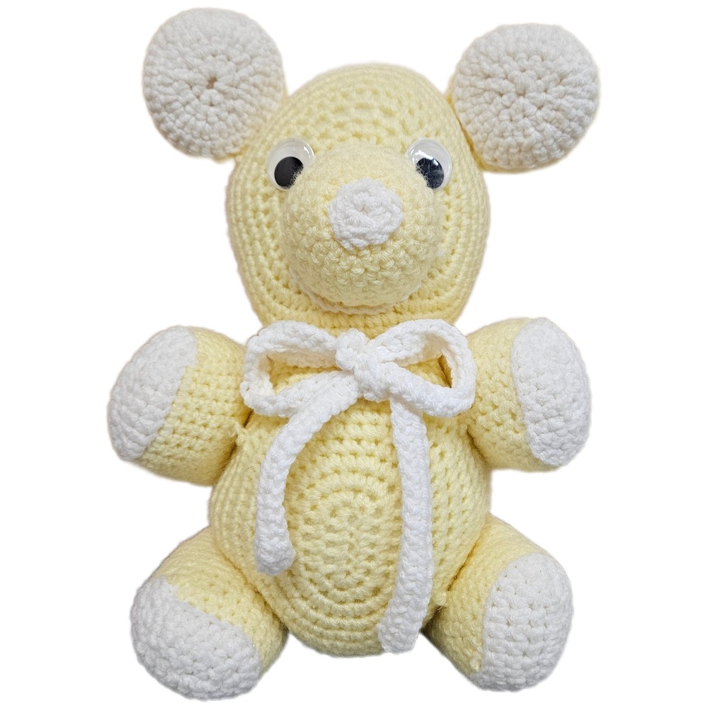 Handmade Yellow & White Crochet Amigurumi Teddy Bear With Bow Plush Toy Unused